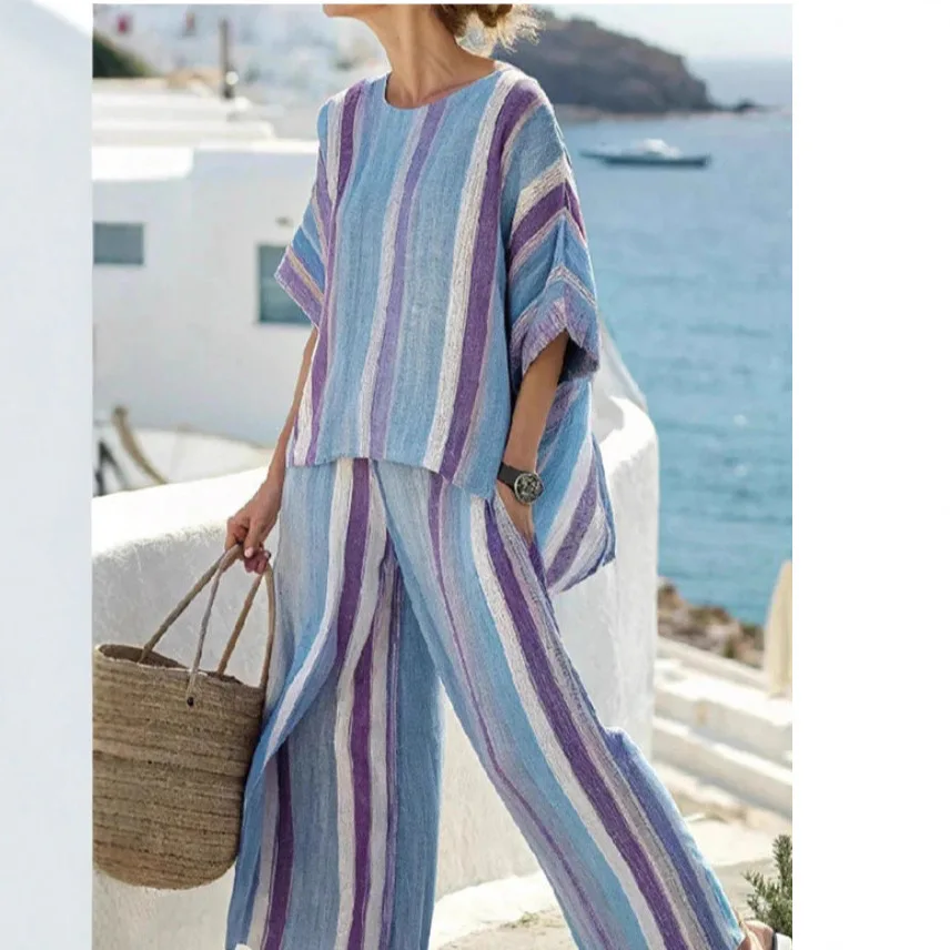 

2026 Women Casual 2PCS Lounge Set Retro Striped Print Half Sleeve Oversize Top Long Pants Patchwork Pocket Vacation Outfits