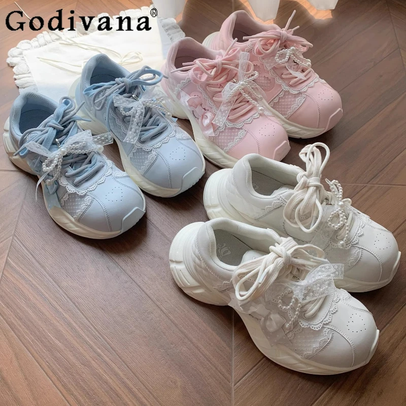 

Original Design Japanese Girls Sweet Lo Sneakers Spring and Autumn New Women's Cute Bowknot Pearl Lace-up Sneakers Casual Shoes