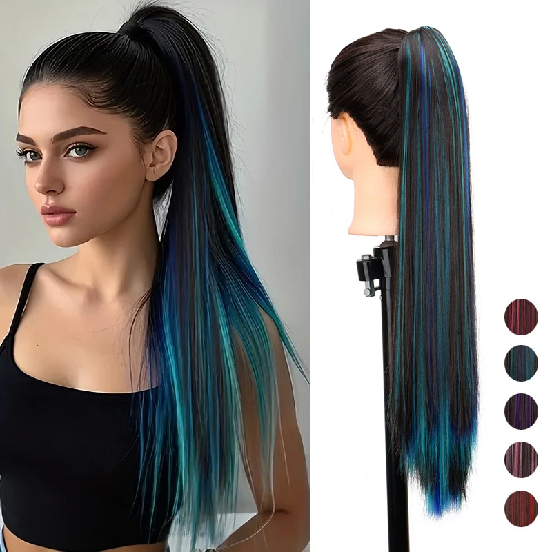 24Inch Synthetic Long Straight Highlights Rainbow Ponytail Hair Extension Claw Clip in Hairpiece for Women Daily Use