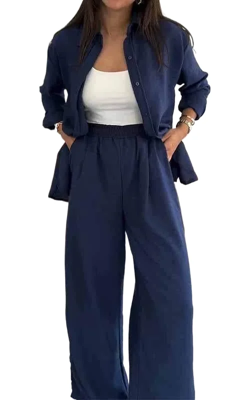 

Casual Commuting 2 Piece Set Fashion Spring Loose Lapel Single Breasted Long Sleeved Shirt High Waist Wide Leg Pants Set Women