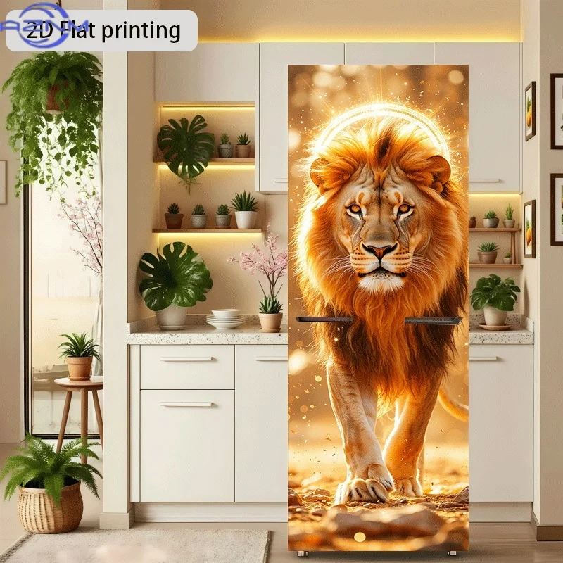 of Refrigerator Sticker, , Featuring a Golden Lion Walking Design, Self-Adhesive Wall Decoration Suitable for Cabinets And War