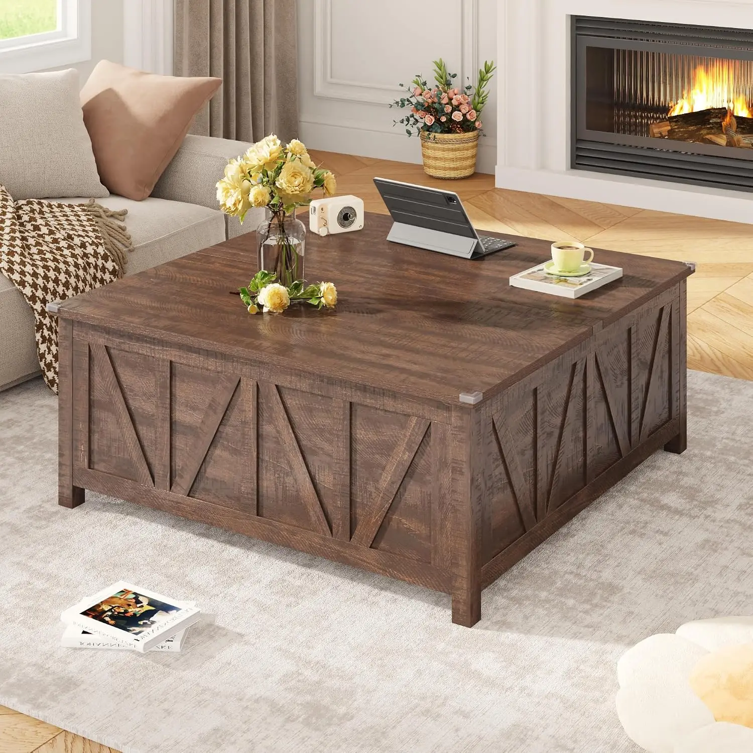 Lift Top Coffee Table with Storage & Shelves, Square Center Table for Living Room Tea Table Dark Brown, Customized