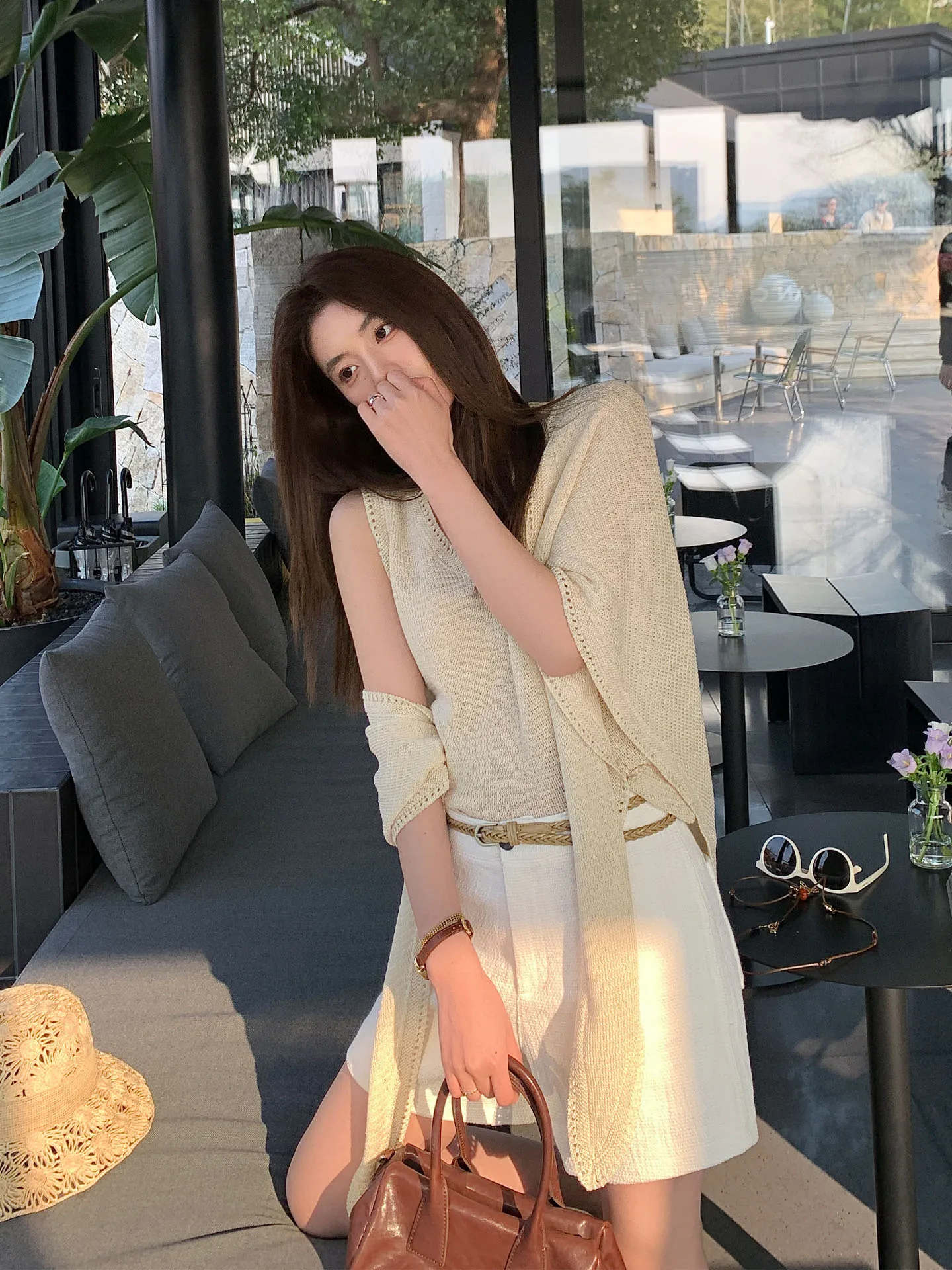 

TWINS Elegantly Intellectual Silk Knitted Set Women's Shoulder Wrap U-Neck Vest Two-Piece Set Breathable Rigid Fiber Summer S...