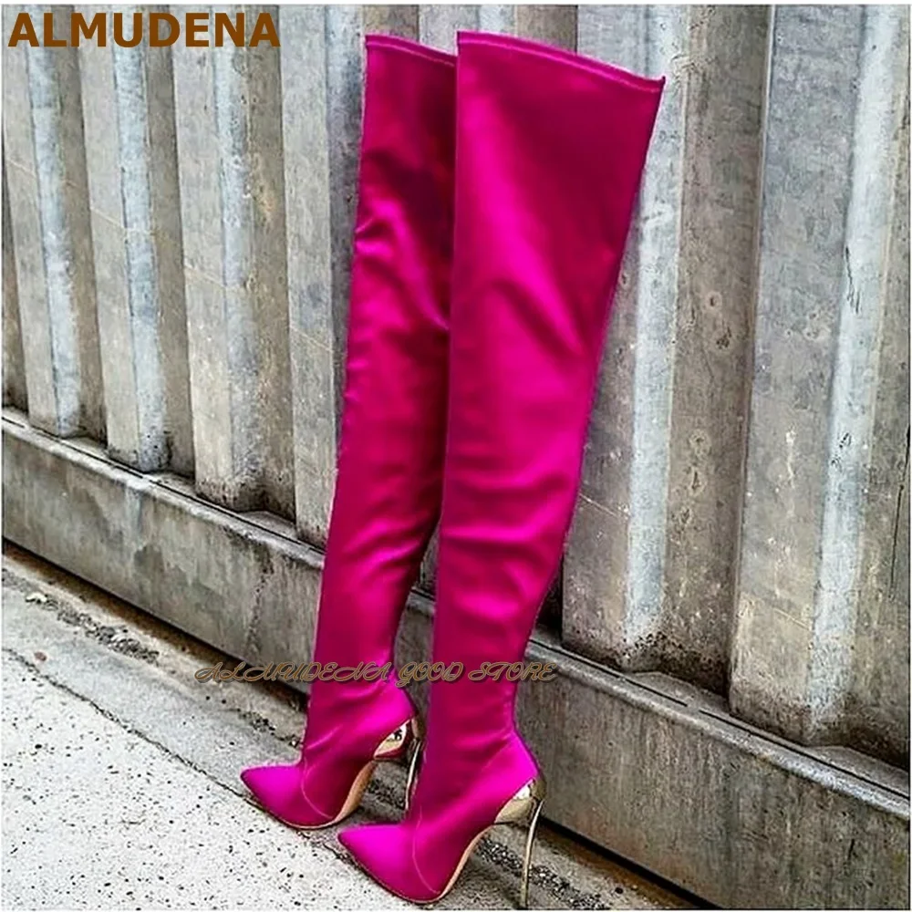 

ALMUDENA Luxurious Metal Thin High Heels Thigh High Boots Pointed Toe Metal Decoration Skinny Dress Boots Over-the-knee Boots
