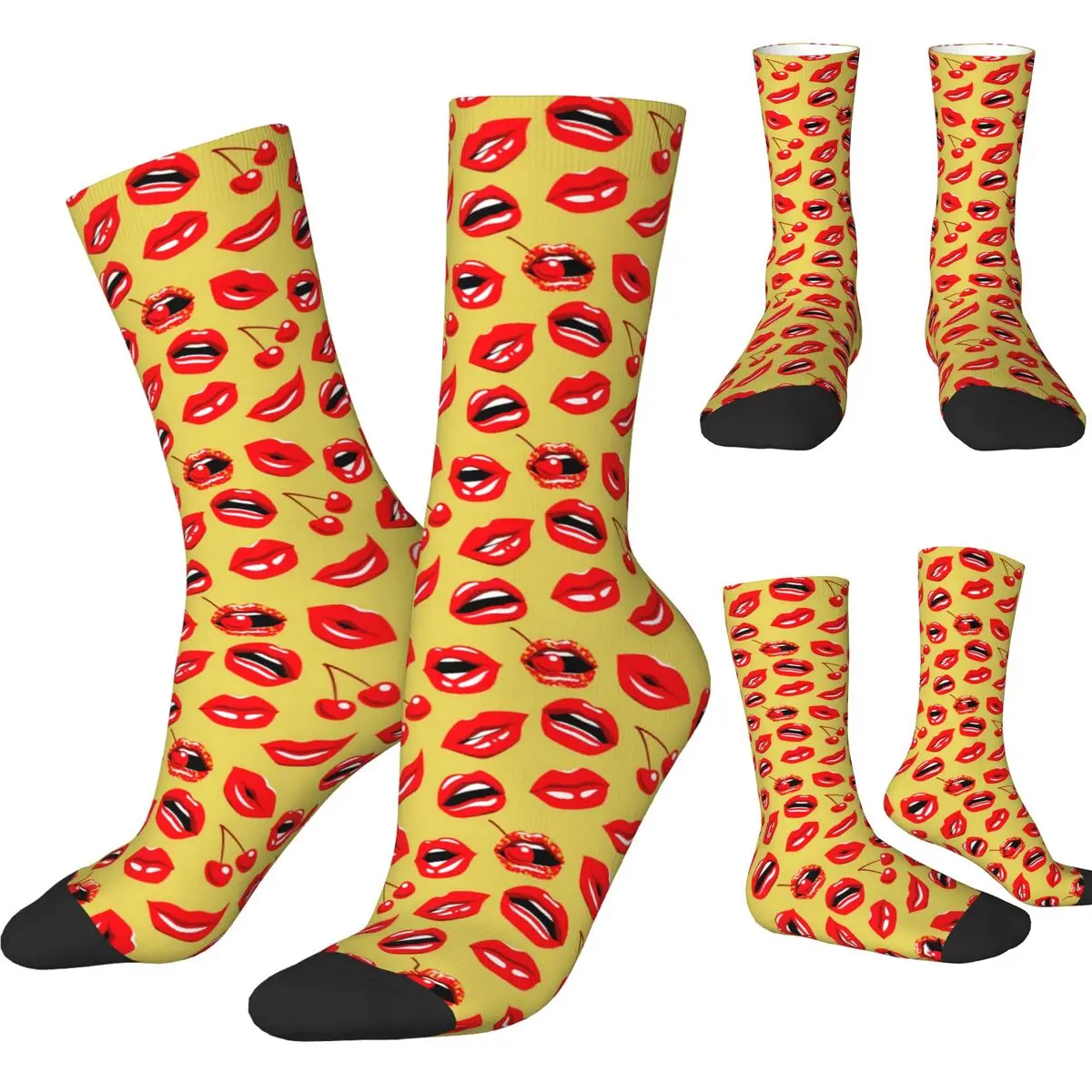 Red Lips With Red Cherry Socks Pop Art Casual Stockings Men Soft Running Sports Socks Autumn Printed Anti-Slip Socks