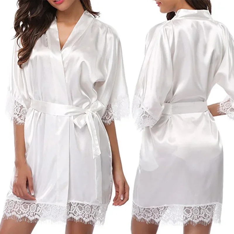 Women Iace Silk Pajamas Robes Sleepwear Nightgowns Half Sleeve Nightdress Black Lace Bathrobe Smooth Soft Comfortable Pure Color