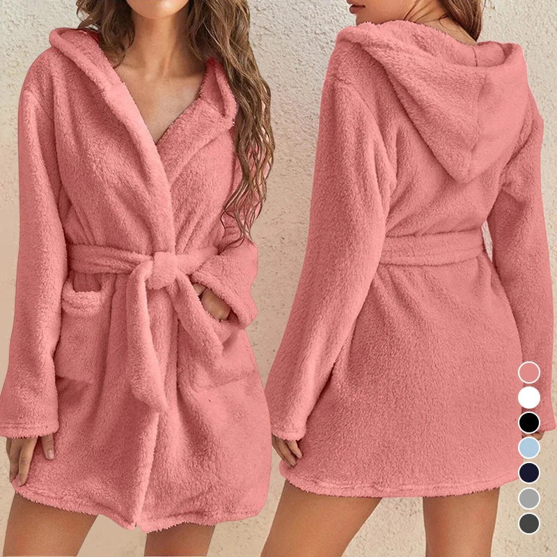 

Hot Women Flannel Bath Robe Sleepwear Autumn Winter Solid Color Pink/White/Black Plush Bathrobe Thick Warm Pajamas Hooded Robe