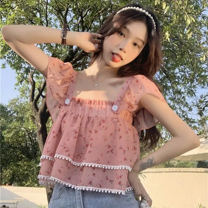 Blouses Women Floral Sweet Gentle Slim French Style Square Collar Tops All-match Fashion Tender Streetwear Aesthetic Clothing