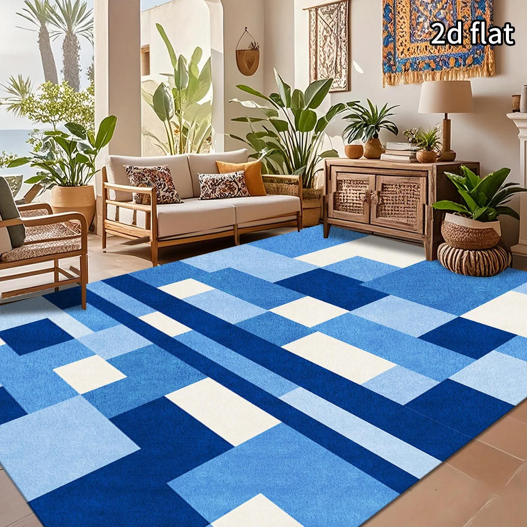 [2d Flat]1Pc Modern Minimalist Area Rug, Dark and Light Blue & Geometric Pattern,Suitable for Living Room, Bedroom, Dining Room and Foyer. Home Decor, Living Room Rug