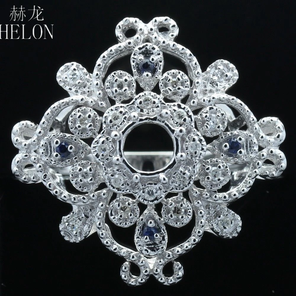 HELON Round Cut 5-6mm Solid 14k 10k White Gold Natural Diamond Sapphire Semi Mount Engagement Ring Women Flower Fine Jewelry