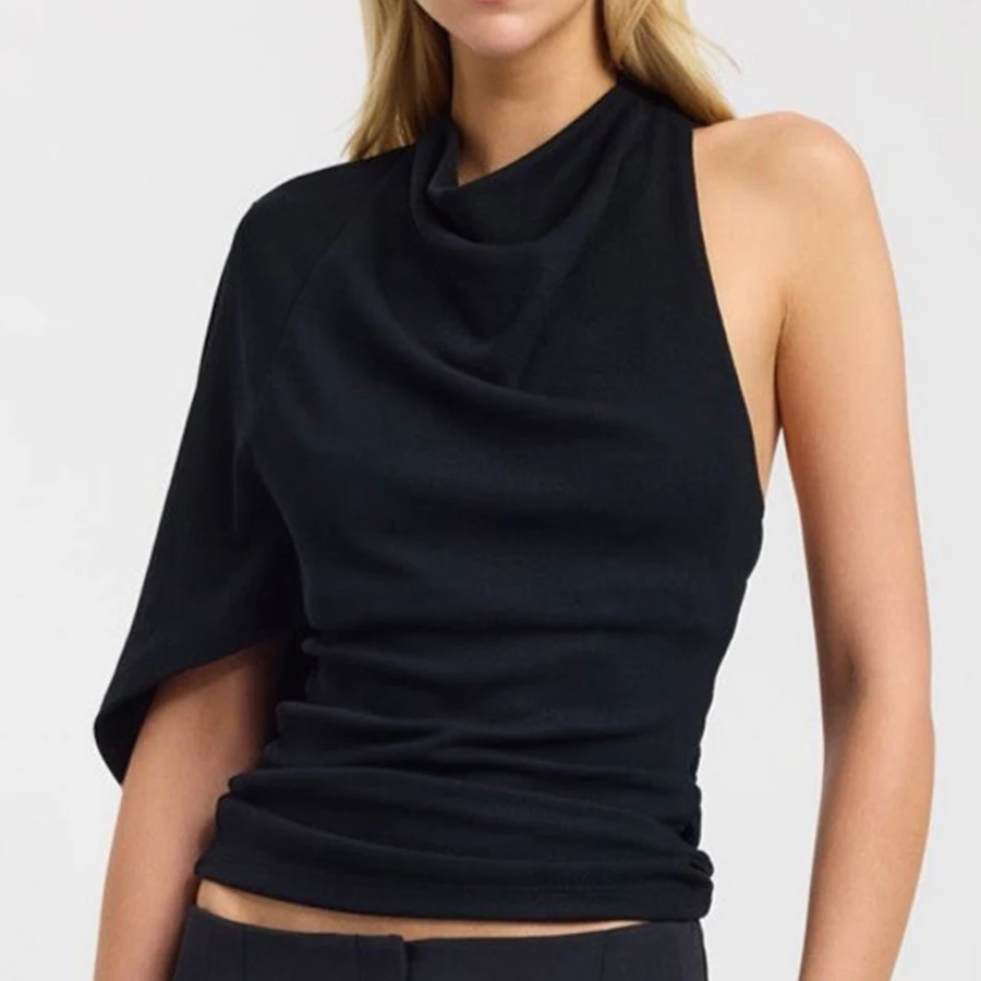 New Arrival for Women Spring & Summer | Asymmetric Draped Sleeve Cowl Neck Top, Black Open-Back Ruched Slim-Fit Commuter Elegant