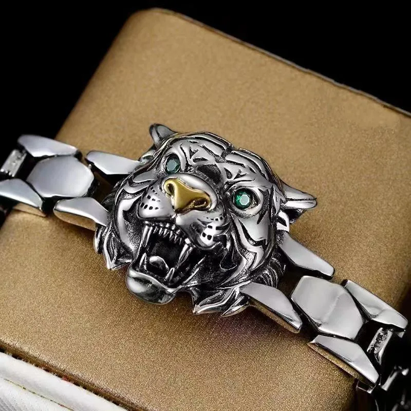 Original Design Tiger Head S925 Sterling Silver Domineering Tiger Zodiac Bracelet Men's Fashion Personalized Silver Gifts Bangle