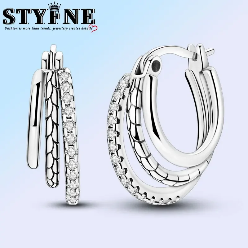 Travel Hobbies 925 Sterling Silver Triple Stone Asymmetrical Snake Bone Hoop Earrings Women's Elegant Jewelry Accessories