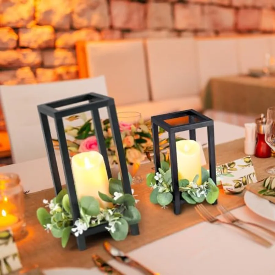 Juego de 12 linternas de madera negras de 10,59 pulgadas y 13 pulgadas para centros de mesa de boda con 12 velas LED y 12 coronas de hojas de eucalipto rústicas