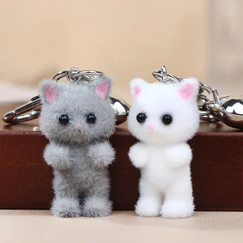 Cute Flocked Cat Keychain Three-dimensional Love Phone Pendant Headphone Case Charm Bag Decor Car Key Ring Jewelry Gift