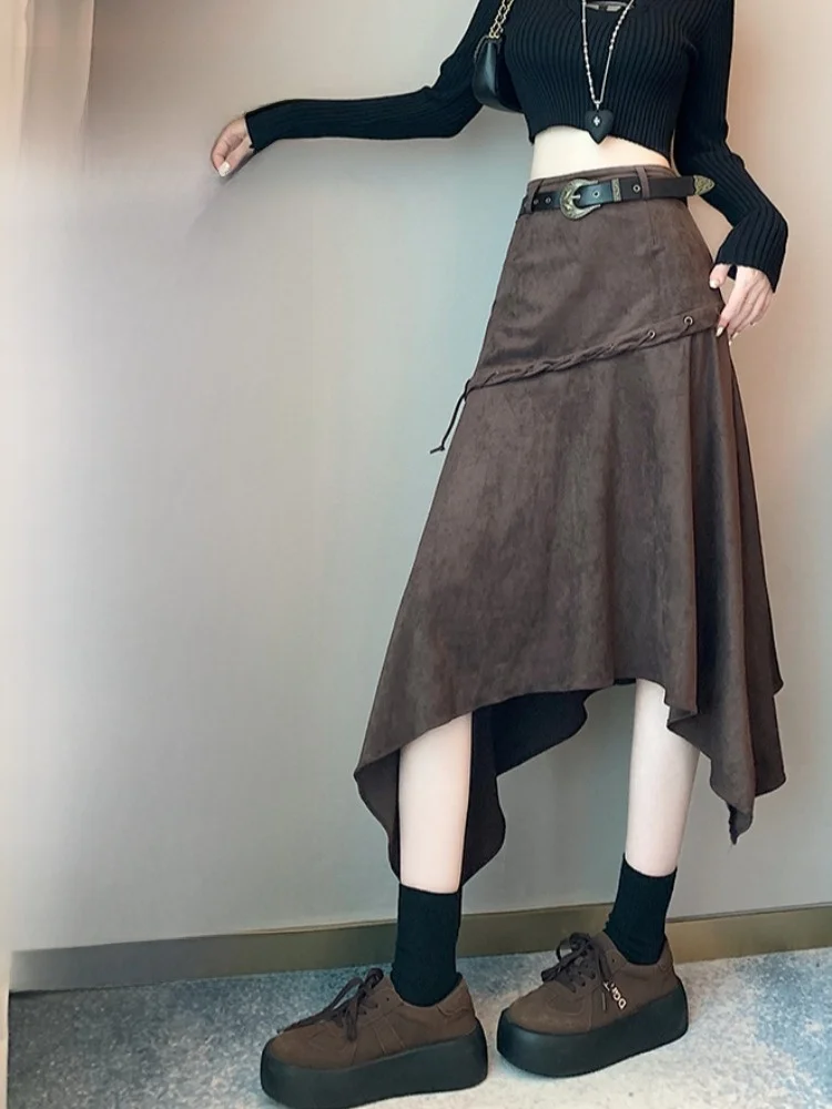 Suède f-lengte Midi Paraplu Rok Dames Herfst Winter Kaki Plooirok Woon-werkverkeer Sle Hoge Taille A-lijn Lange Dr