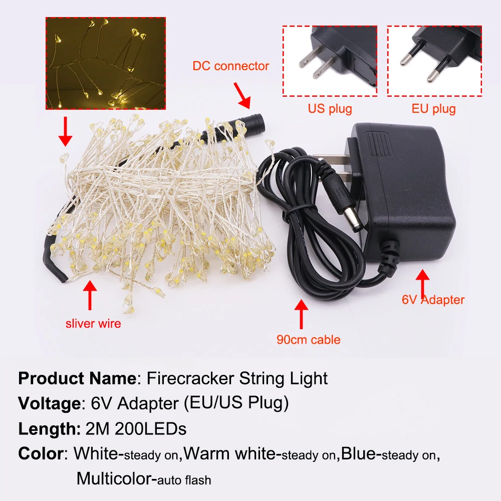 Firecracker Light LED String 2M 200LEDs With 12V Adapter Outdoor Garland Fairy Lights For Holiday Party Wedding Decortion