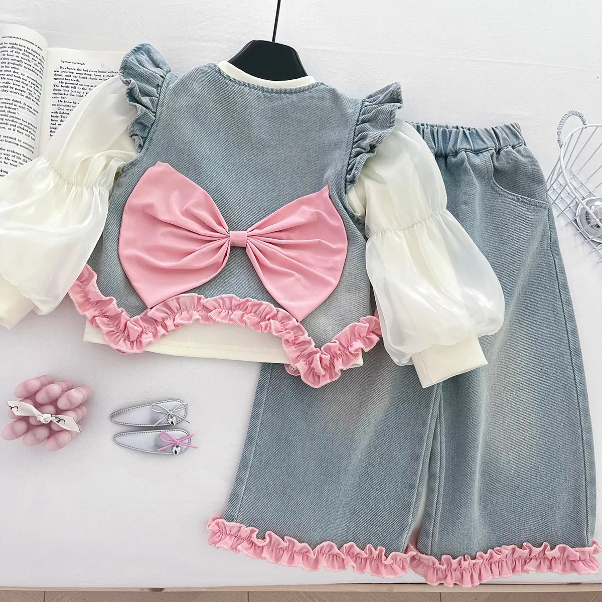 Girls Denim 3-Piece Set: Flutter Sleeve Top  Shirt & Wide Leg Pants Spring Autumn Casual Outfit