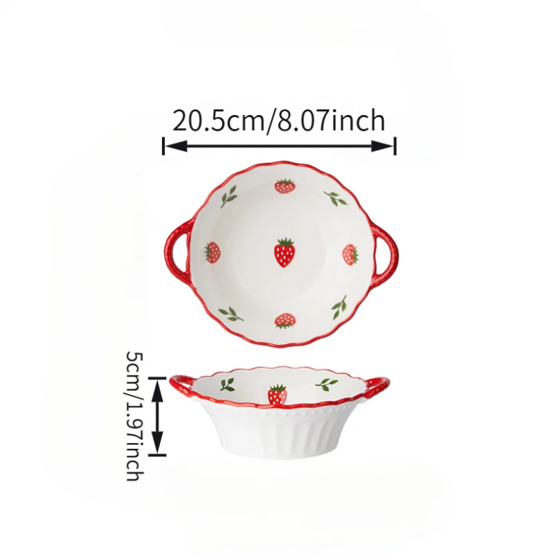 1/2pcs 8-Inch Ceramic Strawberry Ramen Bowl Set – Japanese Cute Design for Noodles & Salads – Microwave Safe, Perfect for Fruit view 4