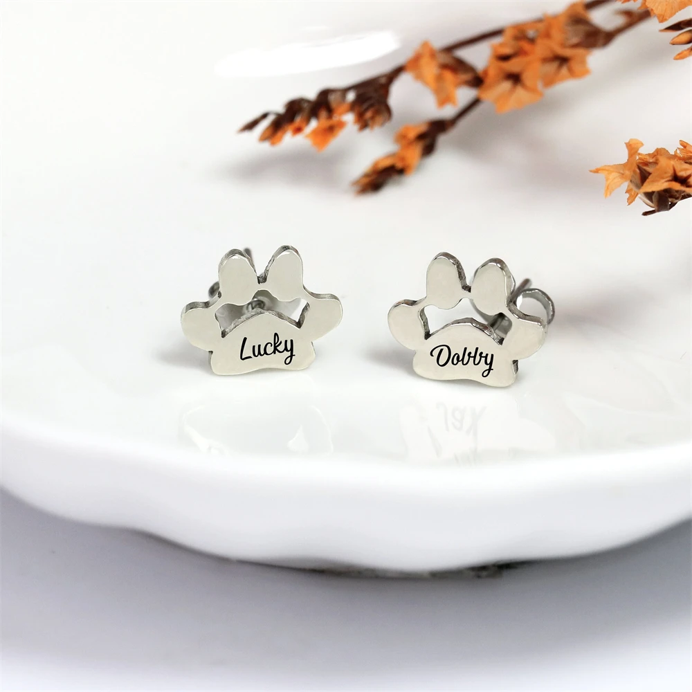 Engraved Paw Print Name Earrings Gift for Pet Lovers Pet Remembrance Custom Dog Cat Name Studs Earrings Women Jewelry Christmas