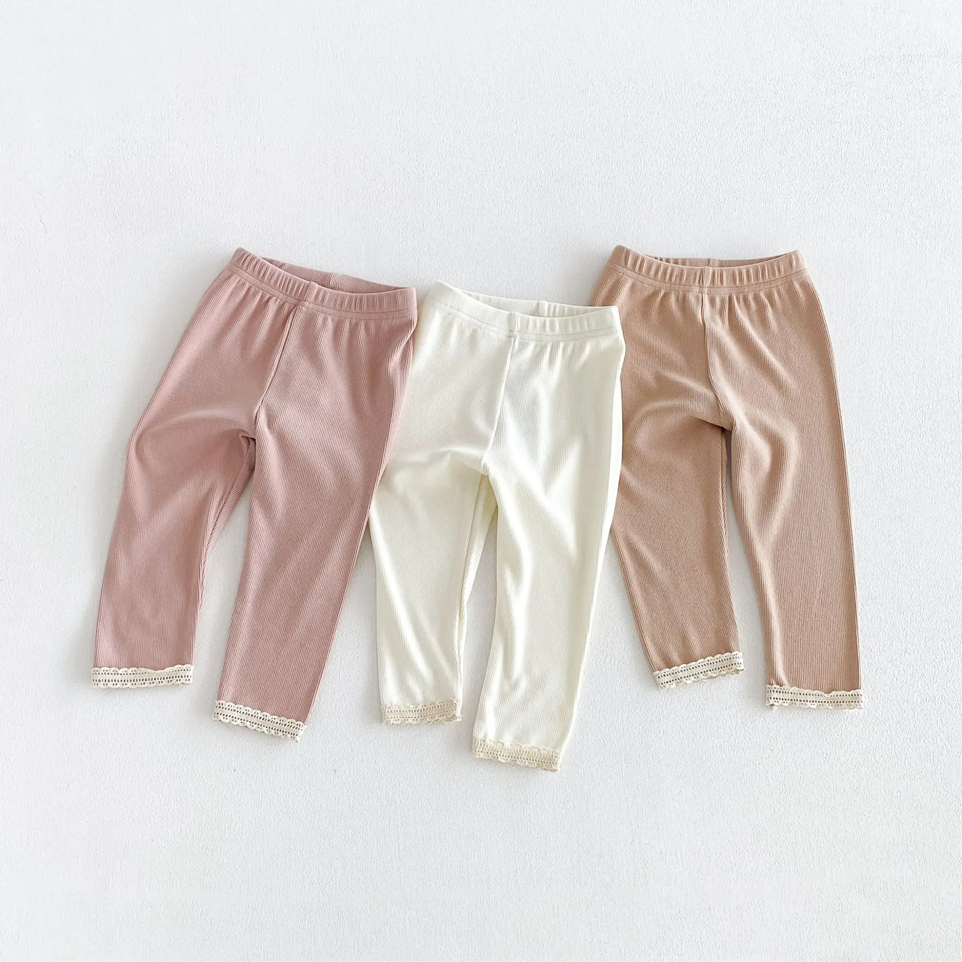 2026 Autumn New Baby Girl Cotton Leggings Infant Casual Pants Solid Girls Ribbed Lace Leggings Baby Trousers Toddler Clothes