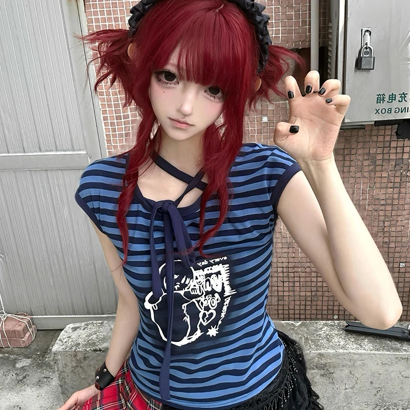 

Y2K Striped Women T Shirt Japan Subculture Cartoon Prints Lace Up Patchwork Tees Sweet Slim Fit O Neck Summer New Female Tops