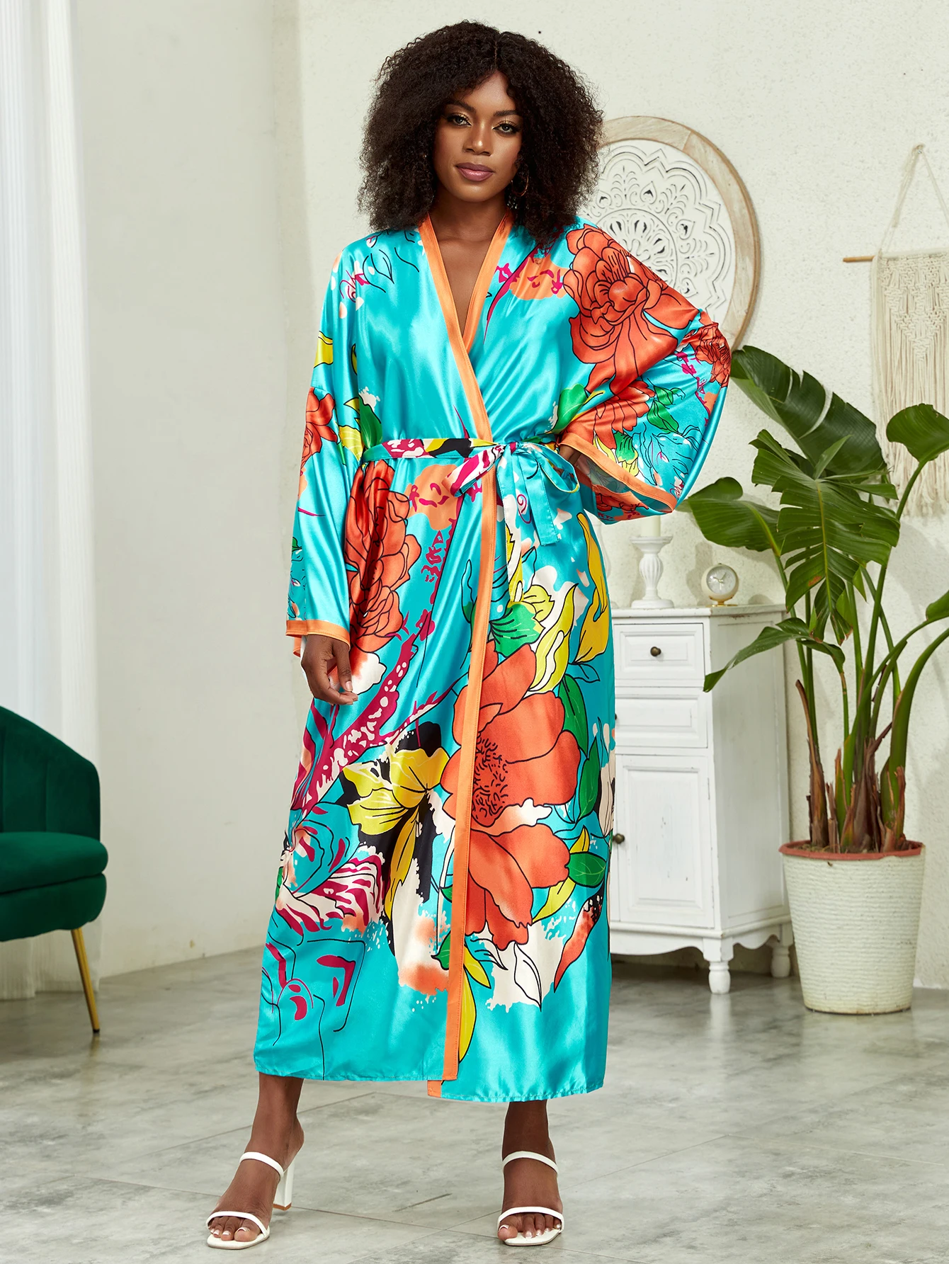 Plus Size Boho Kimono, damskie Plus nadruk lotosu kontrastowe wiązanie z długim rękawem z odkrytym przodem Kimono