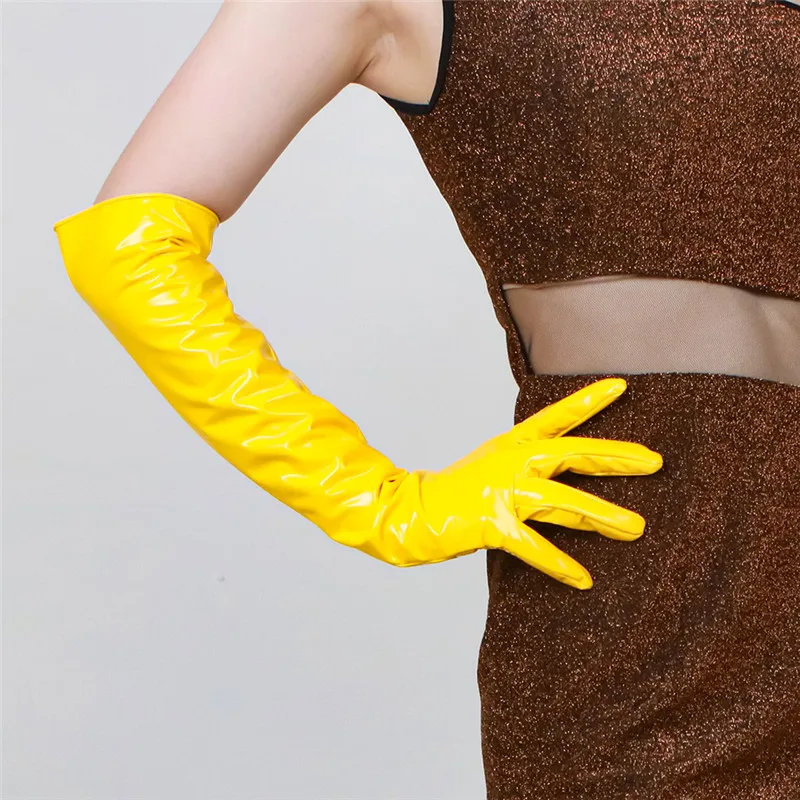 Guantes de charol para mujer, de imitación de cuero de oveja, PU, plátano amarillo brillante, Cosplay, HPU49, 28cm