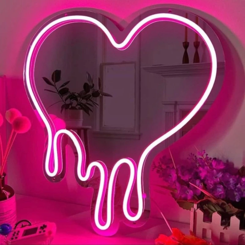 LED Heart Neon Sign Light for Bedroom Girl\'s Room Party Studio Shop Decor Melt Heart with Mirror Sign Perfect Birthday Gift