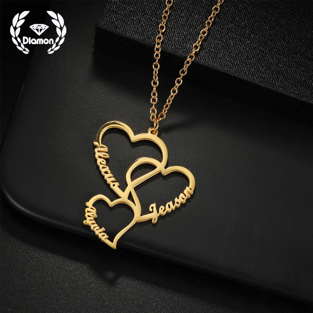 

Diamon Custom Interlocking Name Necklace Hollow Heart Couple Jewelry Stainless Steel Love Pendant Romantic Gift for Anniversarie