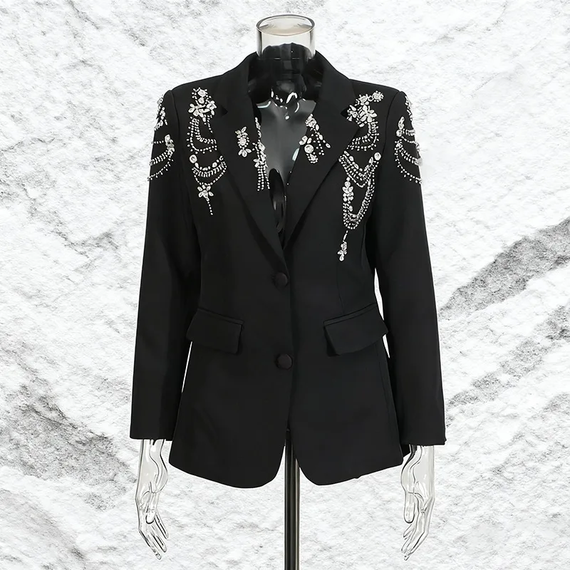 ZAMOR HIGH END Streetwear Heavy Beading Design Blazer 2026 Spring New Rhinestone Solid Color Suit Jacket Women