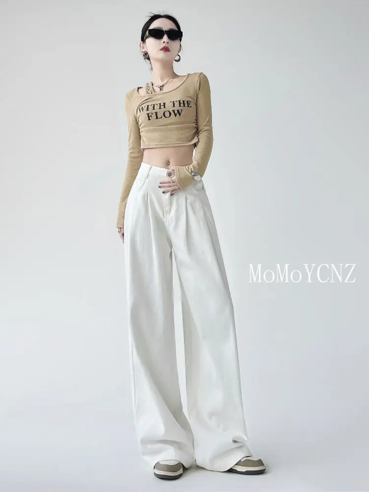 White High Waist Wide Leg Soft Denim Jeans Women's Spring Autumn Style Loose Straight Korean Version Small Size Draping Pants