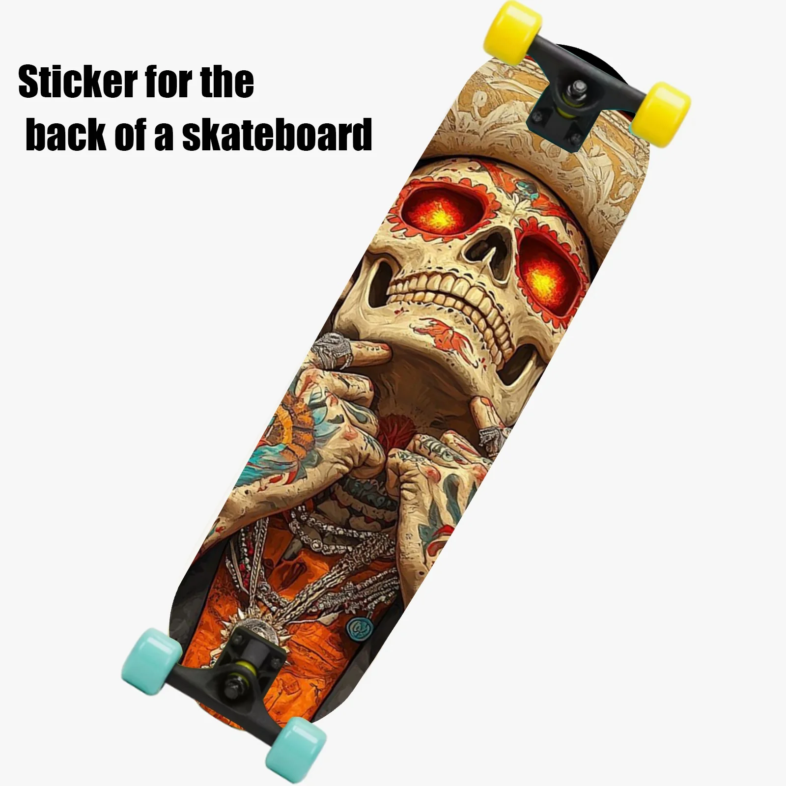 

A 9. × 33 inch skateboard back sticker, designed with Mexican Day of the Dead style illustrations, skull folklore and street