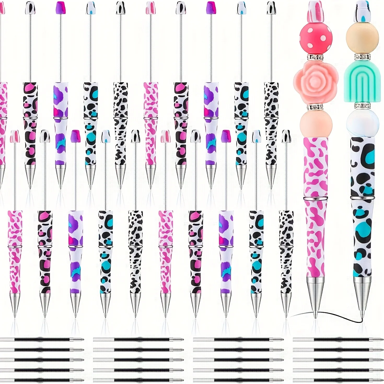 

70 pcs Printed Plastic Stringable Pen Beads, Includes 50 Refills and 10 Pen Pouches, DIY Craft for Parties and Office Use