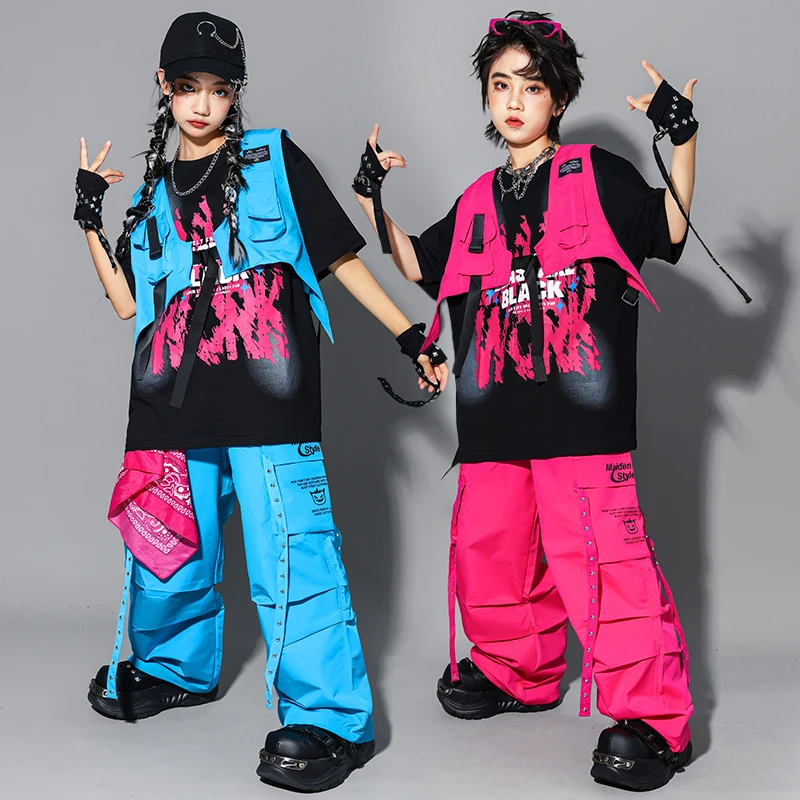 Hip Hop Outfits Jungen Cooles T-shirt Weste Cargo Hosen Mädchen Jazz Street Dance Kostüme Kinder Kleidung Sets Kinder K-pop Streetwear