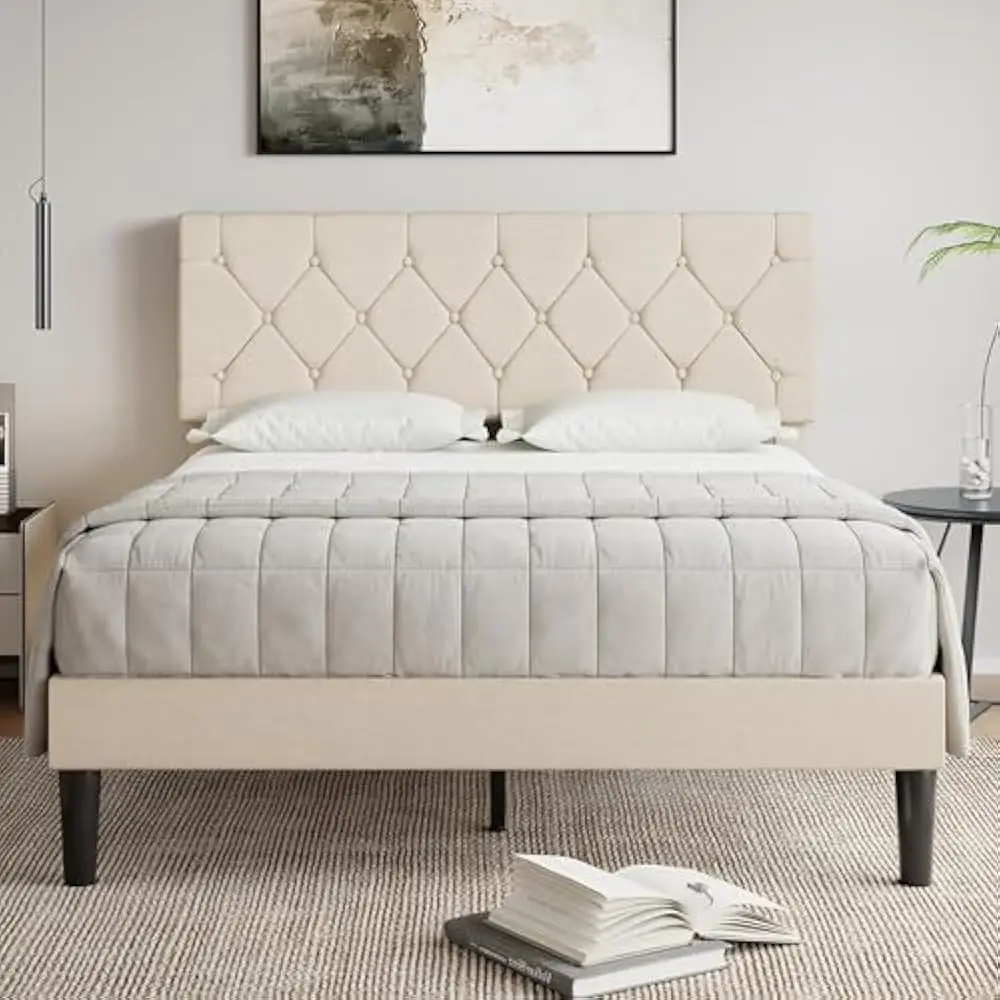 Estrutura de cama queen size com cabeceira tufada de botão, plataforma com suporte de ripas de madeira, sem necessidade de molas, estrutura de cama