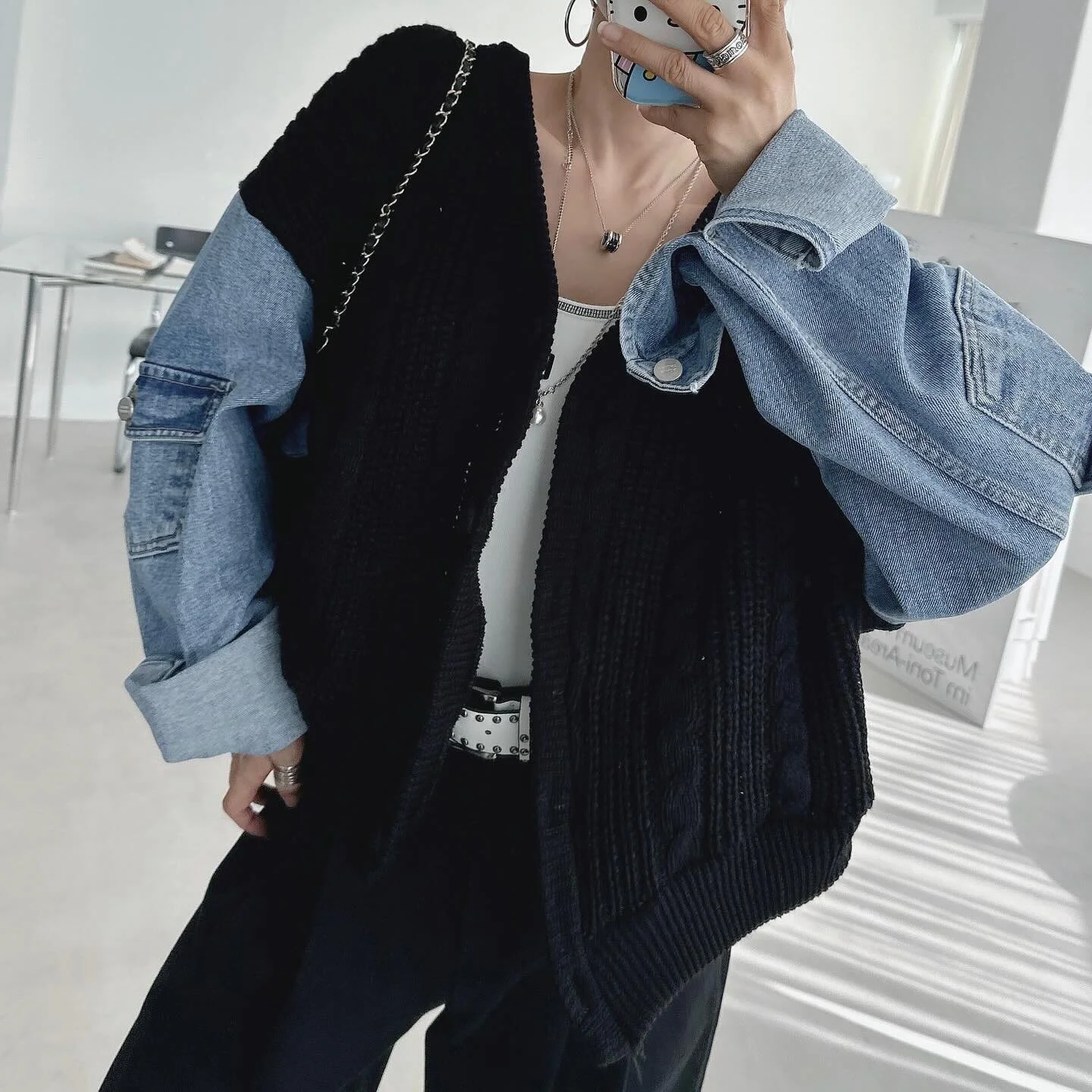 Retro Color Block Denim Patchwork Sweater Jacket Women's Loose Slimming Autumn Winter Design Korean Style Short Outerwear