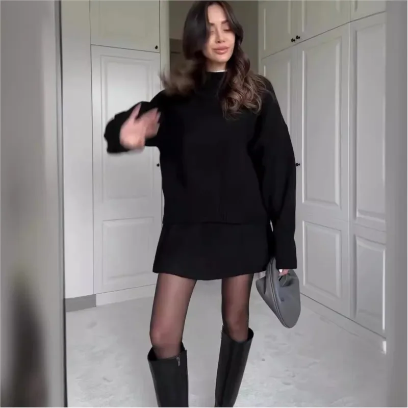Elegant Women's Sets Knitwear Autumn Winter Solid O-neck Pullover Long Sleeve Mini Skirts Set Woman Loose Casual Sweater Lady