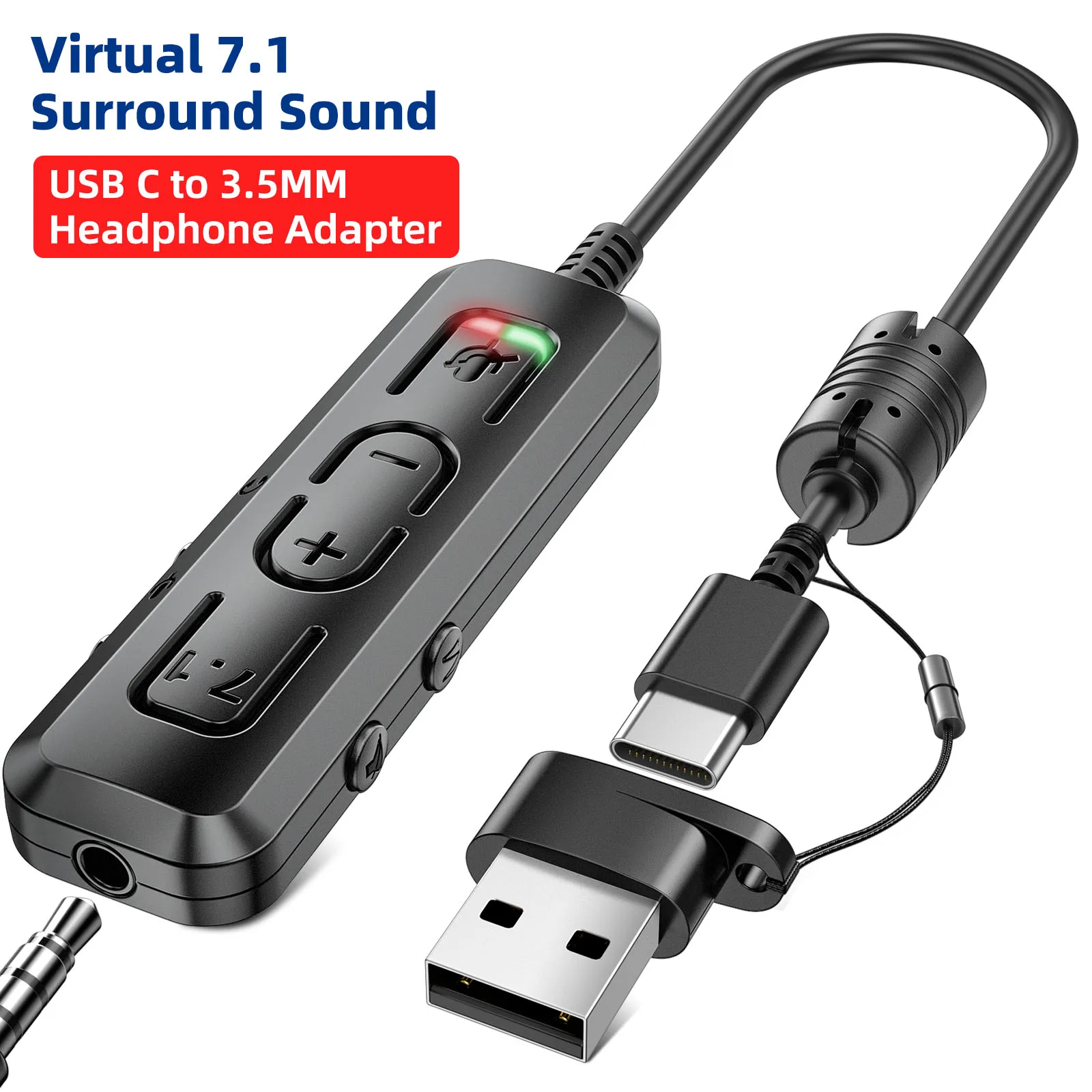 USB External Sound Card 7.1 Stereo Surround Sound USB C Audio Adapter with Mic Volume Control Type C to 3.5mm Headphone Adapter
