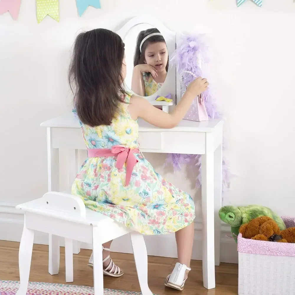 Classic White Wooden Vanity Set with Stool for Kids: Storage Table and Make-up Furniture
