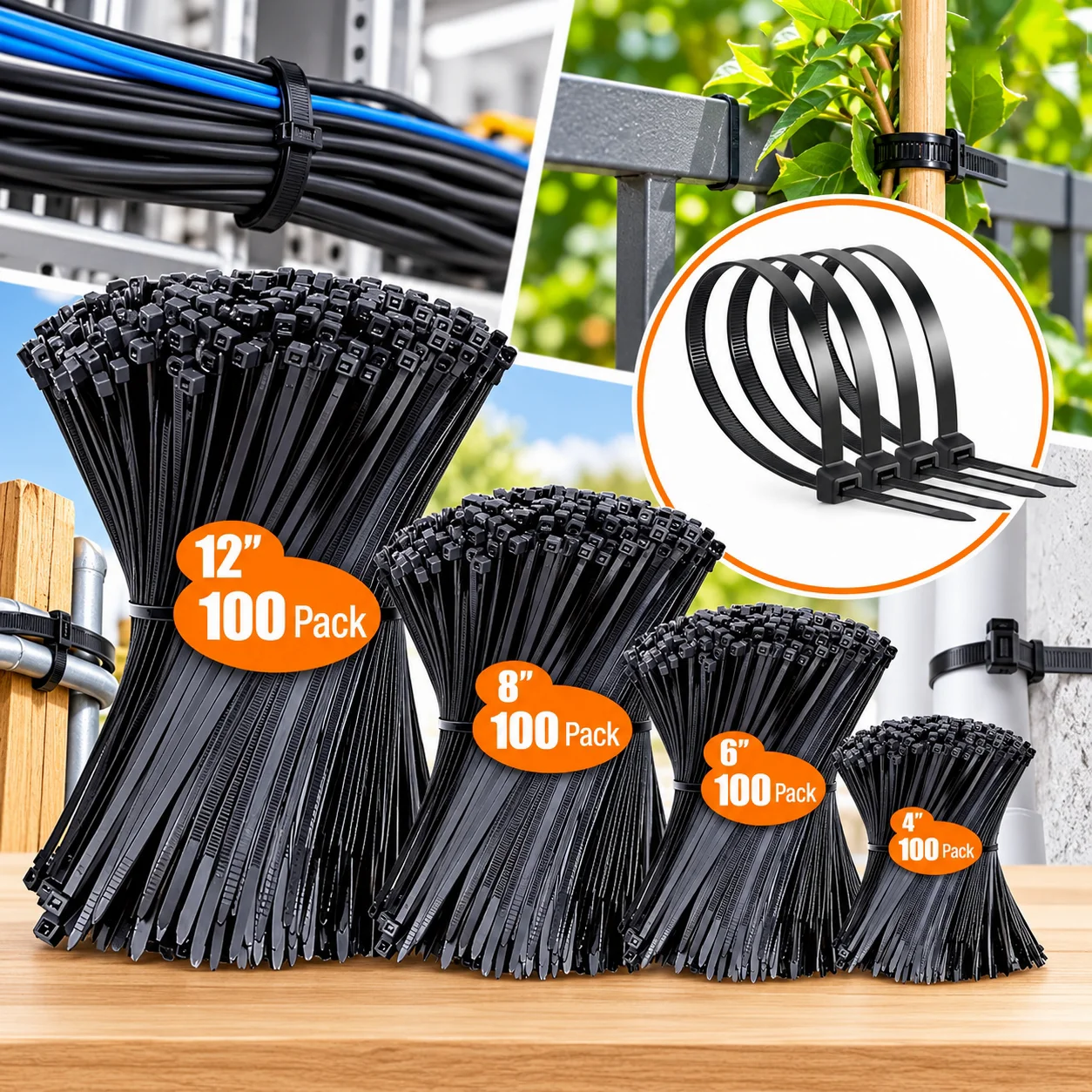 400Pcs Black Nylon Cable Ties Zip Ties Self Locking Wire Ties 4/6/8/12 Inch Multi Size for Home Office Garden