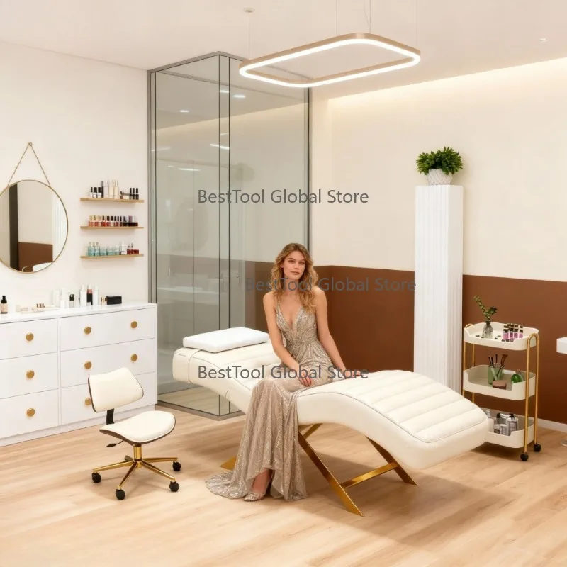 

Popular Design Be-auty Sa-lon SPA White Gold Frame Mass-age Bed Cu-rved Eye-lash Lash Bed for Sa-lon Furniture