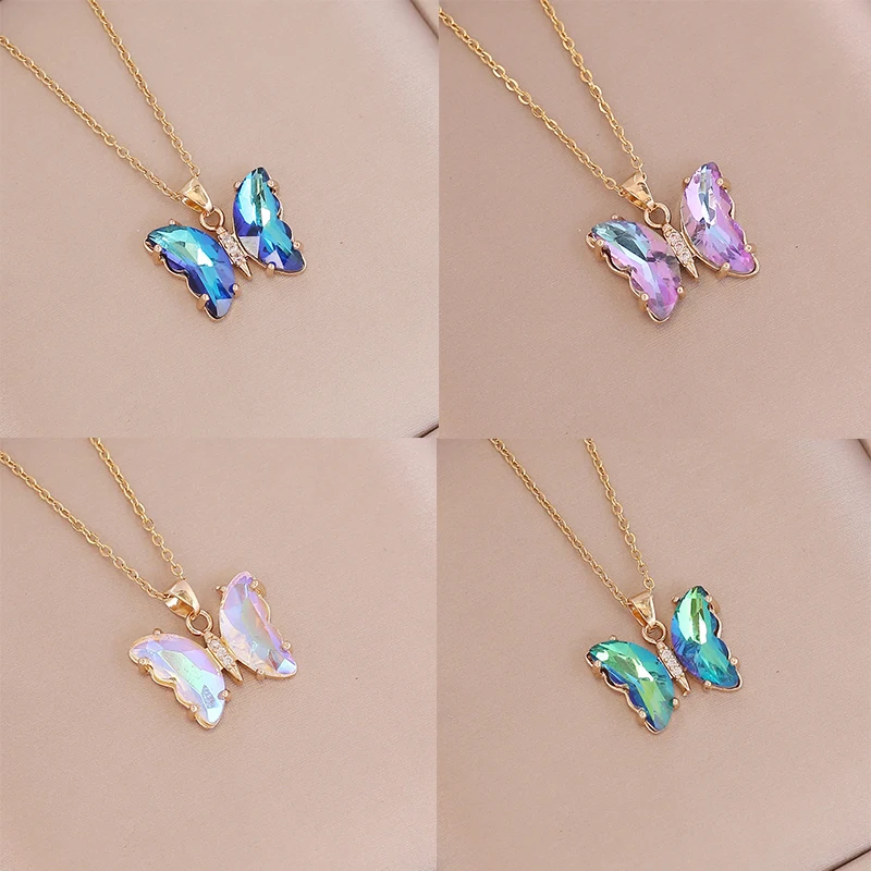 

Female Bling Gradient Butterfly Pendant Necklace For Women 2023 Trending Gold Color O-Chain Y2K Sweet Choker Necklace Party Gift