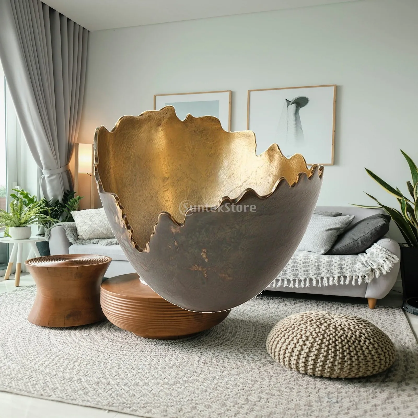 Lightweight Aluminum Decorative Tray with Hammered Texture Antique Gold and Dark Brown for Living Room Decor