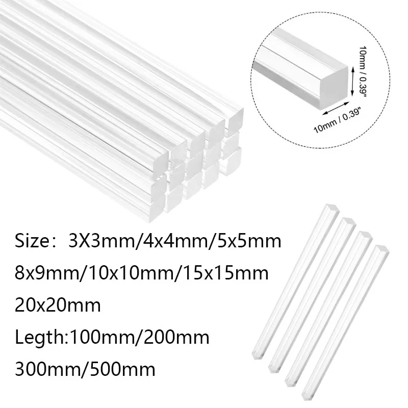 1-20pcs Acrylic Square Rods 3x3/4x4/5x5/6x6/8x8/10x10/15x15/20x20mm Length 100mm-500mm Acrylic Dowel Rods Sticks