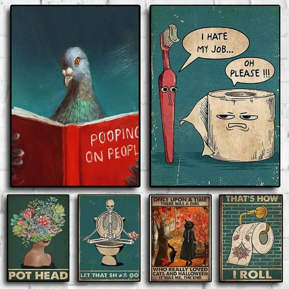 Vintage Logo Read Book Toothbrush Toilet Paper Poster Aesthetic Cat Plague Doctor Wash Your Hand Canvas Wall Art Home Room Decor