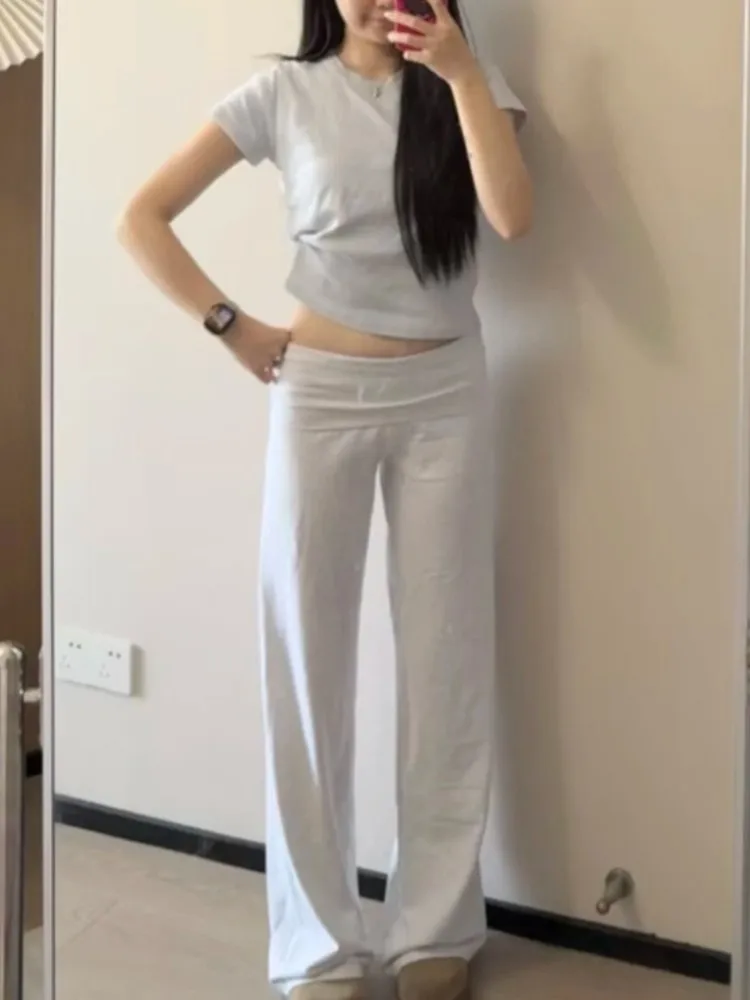 Solid Casual Flip-edge Skinny Pants Women Summer Streetwear Low Waist Cotton Trousers Simple All-match Sport Yoga Pants Y2K New