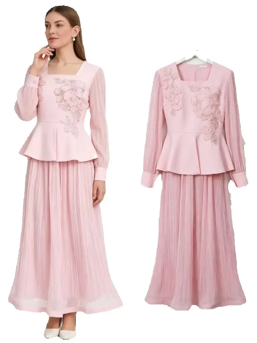 Ladies 2 Piece Outfit Long Sleeve Ruffle Hem Top High Waist Pleated Maxi Skirt Vintage Formal Gown Set For Special Occasions