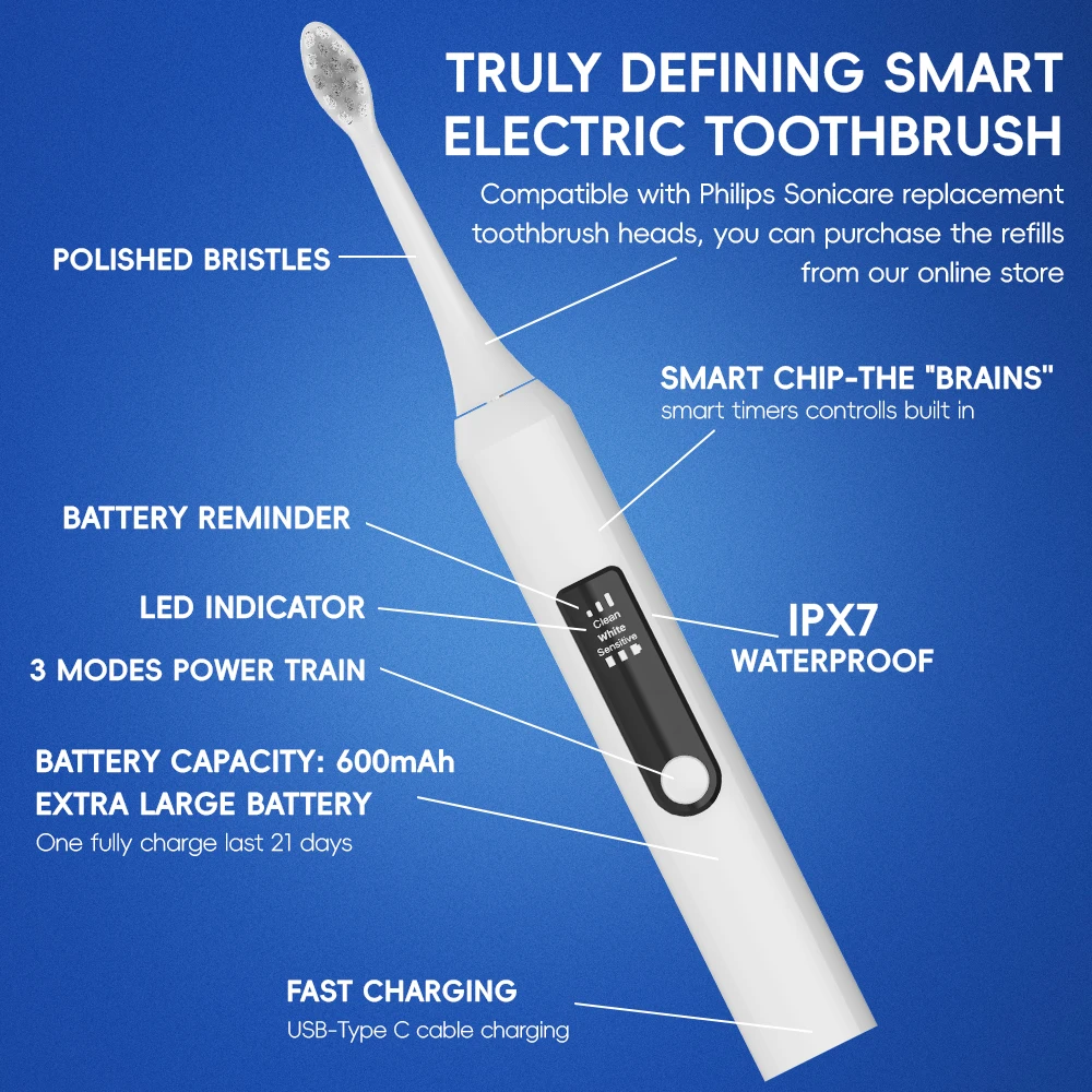 فرشاة أسنان كهربائية ذكية - 3 أوضاع ومؤقتين للدقائق، فرشاة أسنان تعمل بالطاقة قابلة لإعادة الشحن متوافقة مع رأس فرشاة Philips Sonicare #2