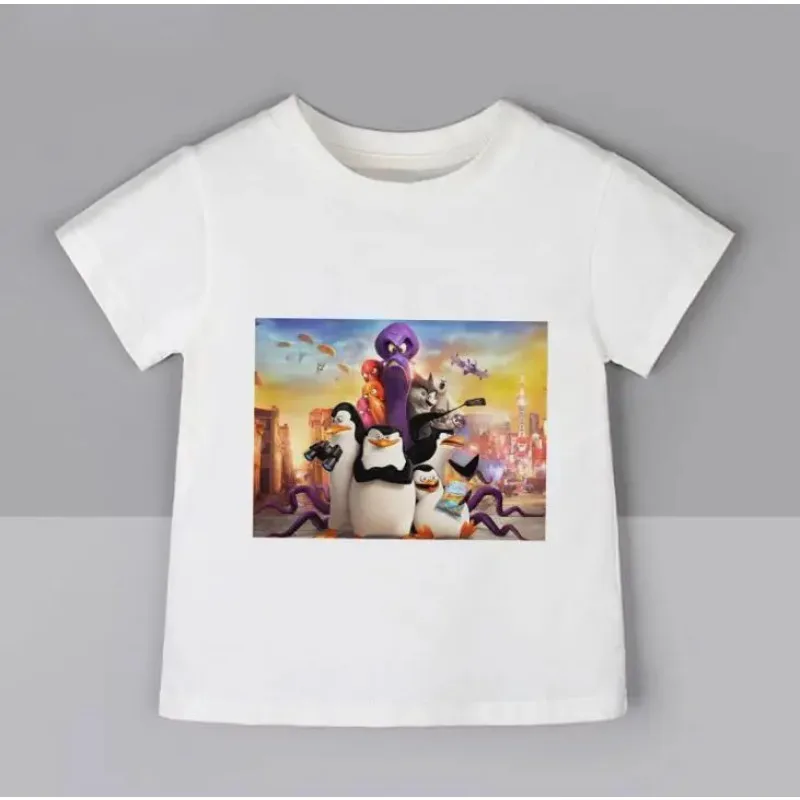 Summer Children's Clothing Madagascar Penguins Boys Tops Cute Penguin Girls T Shirts OCollar White Fashion Kawaii Baby